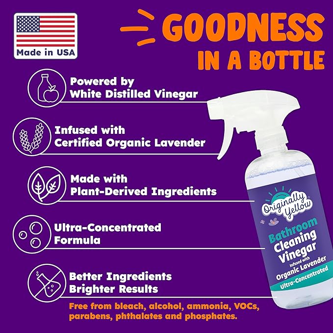 Originally Yellow Lavender Bathroom Cleaner Spray | Powered by Natural Vinegar & Infused with Lemon | Multipurpose Kitchen Cleaner Works on Tile, Wood, Granite, & Marble 3 Pack