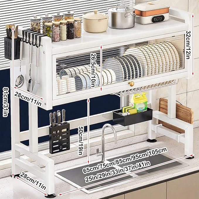 Large Metal Countertop Dish Drying Rack for Kitchen Sinks Three-Tiered Dish Drying Rack with Lid Over The Sink Dish Drying Cabinet with Magnetic Doo(White Single Layer,105cm/41in)