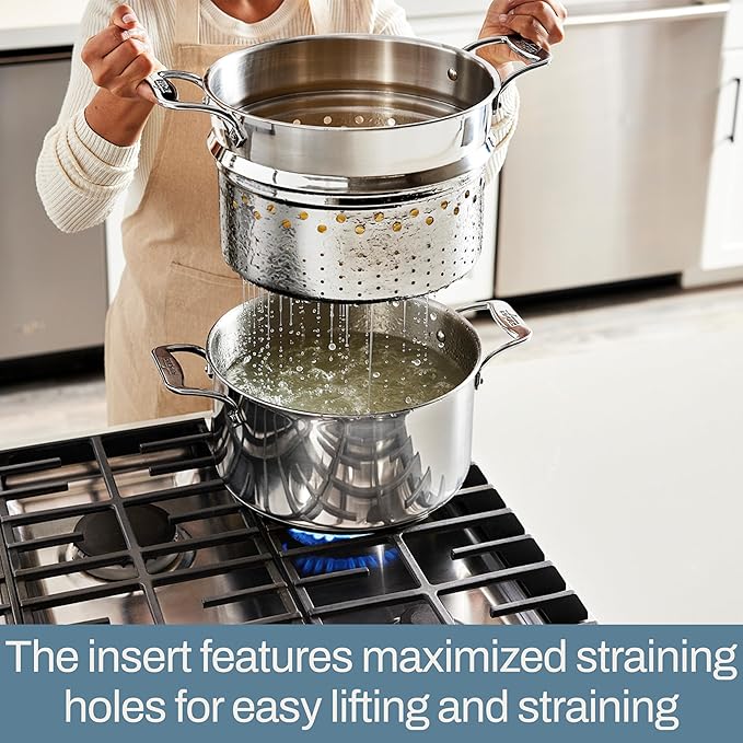 All-Clad Simply Strain Stainless Steel Stockpot, Multipot With Insert & Lid, 16 Quart Induction Oven Broiler Safe 600F, Strainer, Pasta Strainer with Handle, Steamer Pot, Pots and Pans, Silver