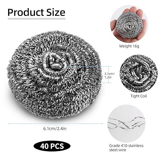 40 Pack Steel Wool Scrubber Pads, Stainless Steel Scrubber, Scrubbing Scouring Pad, Steel Wool Scrubbers for Pots and Pans, Stoves,Broiler Racks,Grills and More