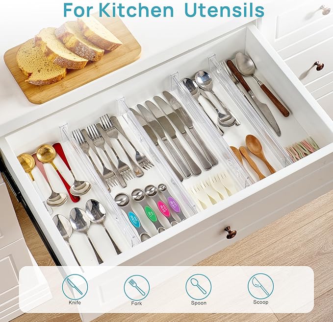 Vtopmart 12 Pack 2.36" Short Upgrade Drawer Dividers for Kitchen Drawer, 12.8"-22.3" Expandable Kitchen Drawer Organizer, Clear Plastic Organizer Separator for Flatware, Utensil, Cutlery, Underwear