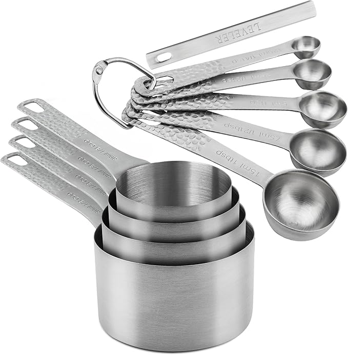 Measuring Cups and Spoons Set, 18/8 Stainless Steel Measuring Cups and Spoons for Baking & Cooking, Metric & US 4 Kitchen Measure Cup and 5 Measure Spoon with Leveler for Liquid & Drying