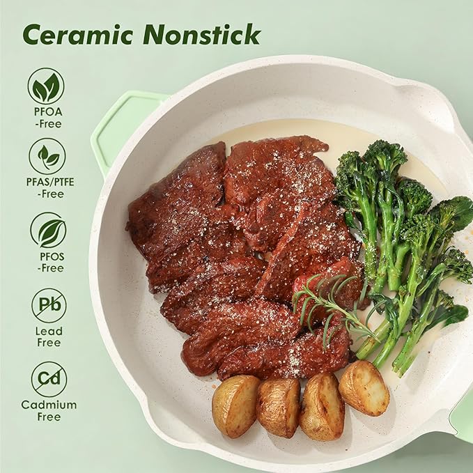 SENSARTE Nonstick Ceramic Skillet with Lid 10-inch, 3.5QT Non Toxic Deep Frying Pan, Dishwasher Safe Saute Pan with Lid, Stay-cool Handle, Healthy Induction Cooking Pot, Green