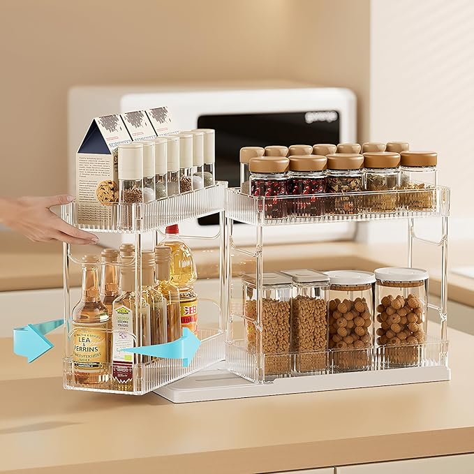 Pull Out Spice Rack Organizer for Cabinet, Rotatable 2 Tier Slide Out Seasoning Organizer and Storage Adhesive Vertical Spice Rack Shelf Pullout for Kitchen Cabinets(2 Drawer, Acrylic)