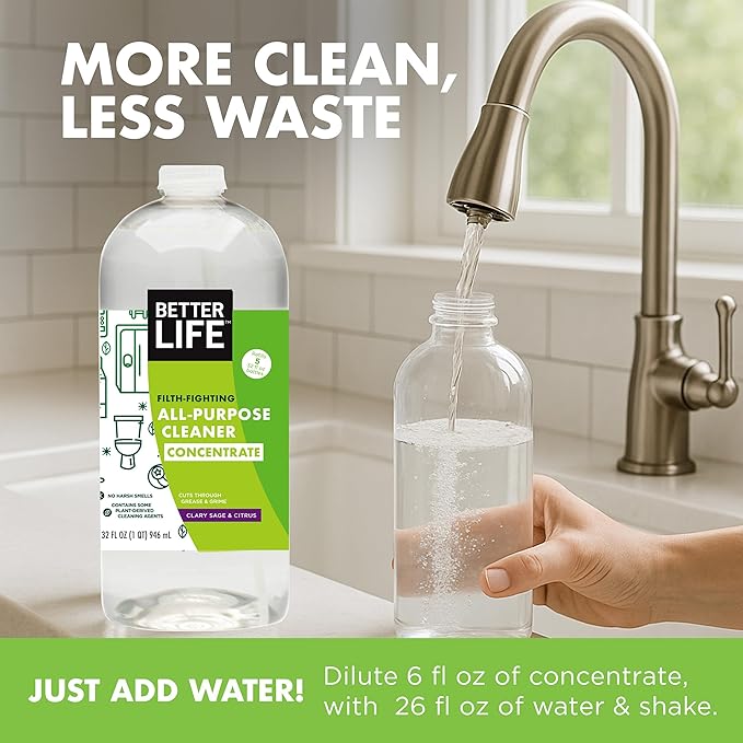 Better Life All Purpose Cleaner Concentrate- Multipurpose Home and Kitchen Cleaner for Glass, Countertops, Appliances, Upholstery & More - 32oz Clary Sage & Citrus Concentrate