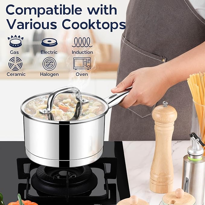 LIANYU Stainless Steel Saucepan, 3 Quart Sauce Pan with Visible Lid, Triply Induction Small Sauce Pot for Kitchen Cooking, Boiling, Compatible with All Stoves, Oven & Dishwasher Safe