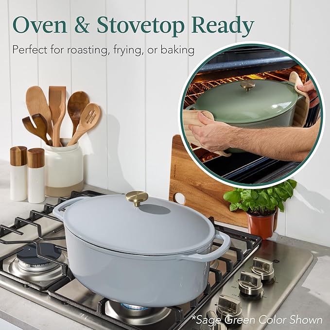 Best Choice Products Oval 7.5 Quart Enamel Cast-Iron Dutch Oven, Heavy-Duty Pre-Seasoned for Baking, Cooking w/Side Handles – French Gray