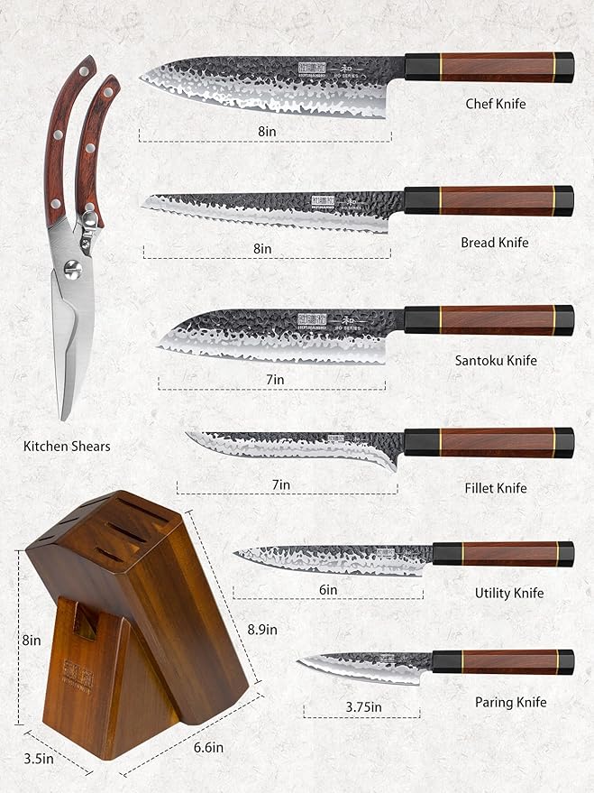 HOSHANHO 8 Pieces Knife Set, Japanese High Carbon Steel Kitchen Knives Set with Block, Hand Forged Ultra Sharp Chef Knife Set with Ergonomic Rosewood Handle