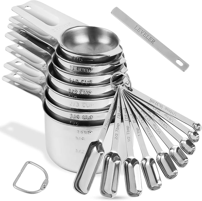 Stainless Steel Measuring Cups and Spoons Set, 18/8 (304) Measuring Cups Spoons, Heavy Duty 7 Measuring cups and 9 Measuring Spoons 1 Leveler for Baking and Kitchen