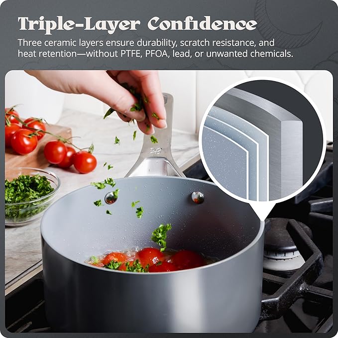 Premium Non-Toxic Ceramic Cookware Set – Triple-Layer Nonstick 12 Piece Pots and Pans with Lids, PFAS-Free, Oven Safe for Healthy Meals, Space-Saving Design, Midnight Gray Color | Greater Goods