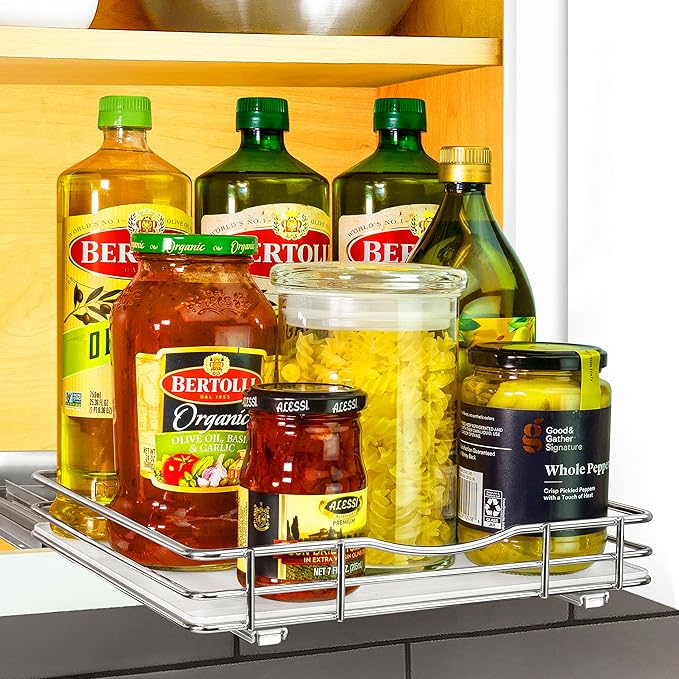 LYNK PROFESSIONAL® Pull Out Spice Rack Organizer for Inside Kitchen Cabinets - 10-3/8 inch Wide - Slide Out Drawer – Chrome Sliding Spice Cabinet Organization Shelf Racks - 1 Tier