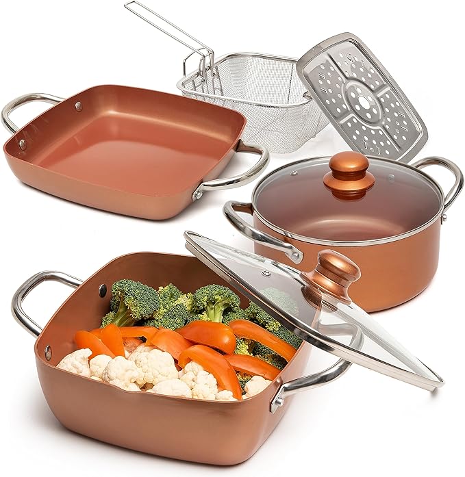 Moss & Stone 7 Pcs Copper Chef Cookware Non Stick Deep Frying Pan 9.5" x 3.5", Fry Basket, Dishwasher & Oven Safe, 5 Qt Deep Square Pot, Non Stick Pan & Round Pot, Induction Copper Cookware Set