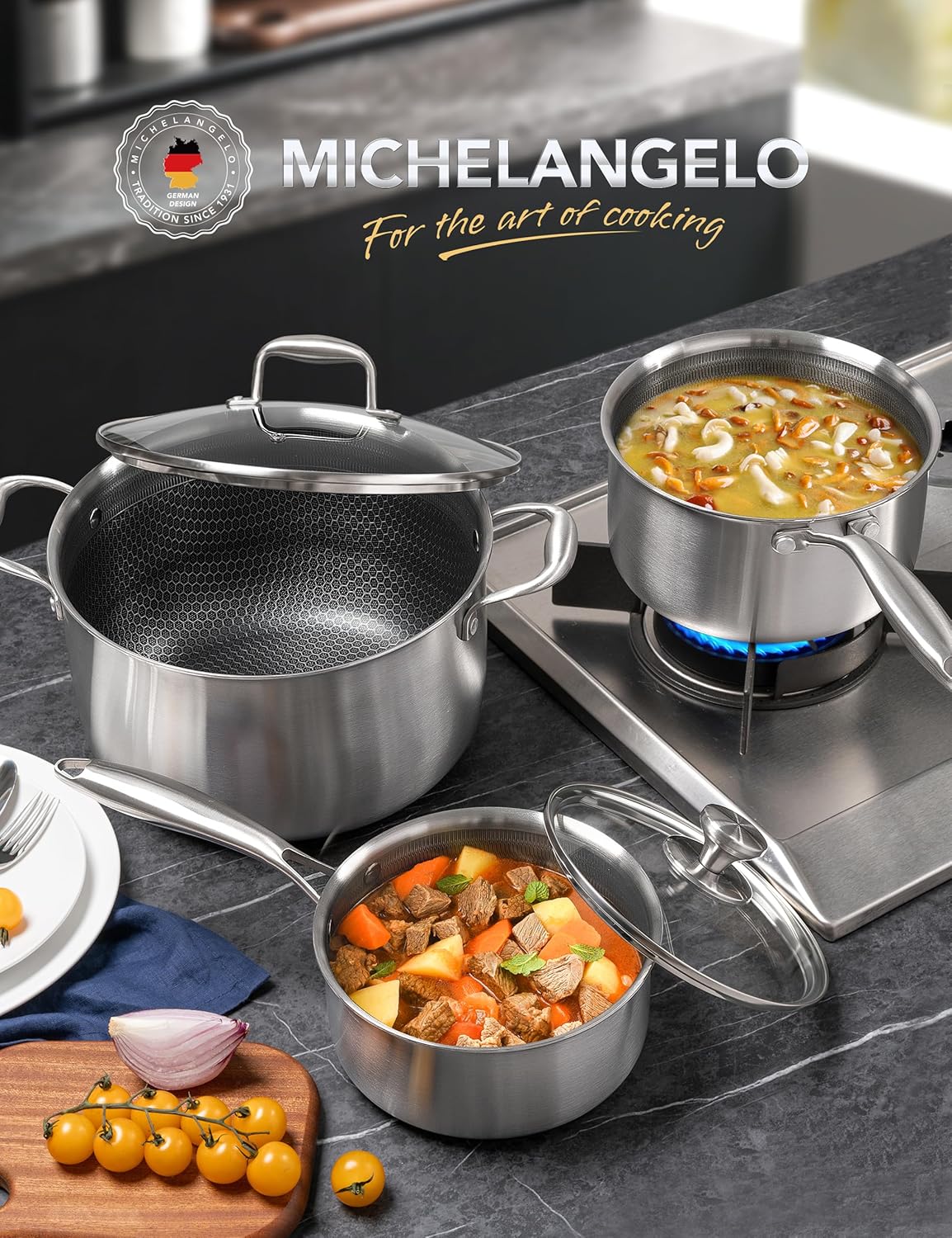MICHELANGELO 6 Pcs Tri-ply Stainless Steel Pot Set, 2QT & 3QT & 8QT Pot with Lids, Nonstick HoneyComb Interior Cooking Pot Set, Compatible with All Cooktops, Oven & Dishwasher Safe