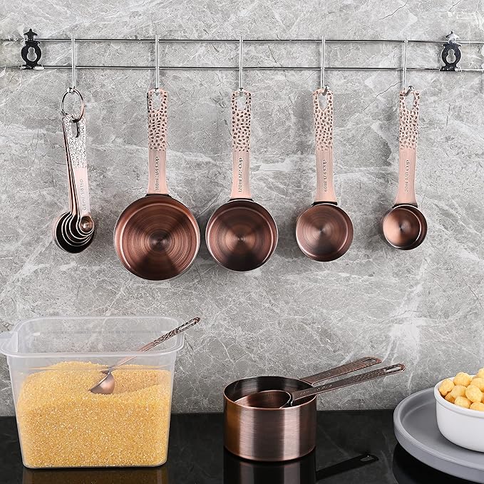 Smithcraft Measuring Cups and Spoons Set 14, Copper Measuring Cups and Spoons Set for Dry & Liquid, Metric & US Stainless Steel 6 Measure Cups and 7 Spoons Set w/Leveler for Kitchen & Baking